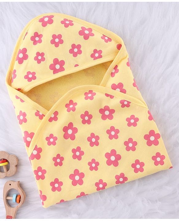 Babyhug Terry Knit Hooded Towel With Floral Print L 76 x B 76 cm - Yellow