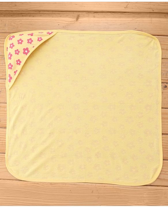 Babyhug Terry Knit Hooded Towel With Floral Print L 76 x B 76 cm - Yellow