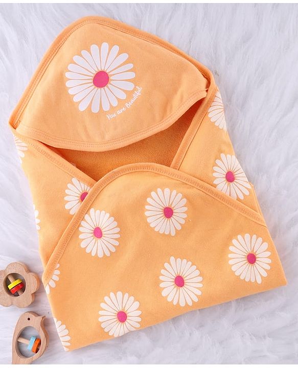 Babyhug Terry Knit Hooded Towel With Floral Print L 76 x B 76 cm - Gold