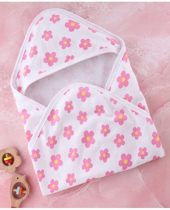 Babyhug Terry Knit Hooded Towel With Floral Print L 76 x B 76 cm - White