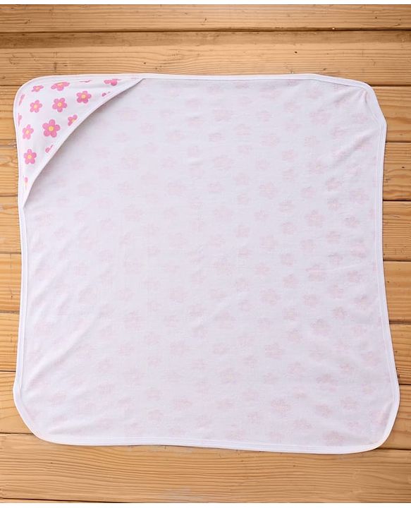 Babyhug Terry Knit Hooded Towel With Floral Print L 76 x B 76 cm - White