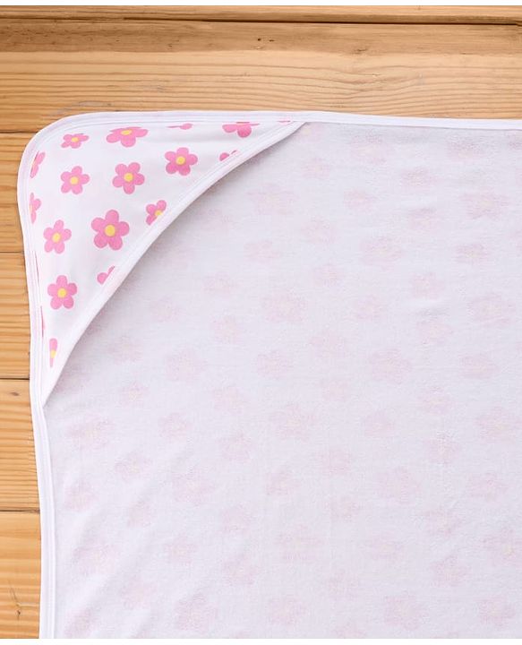 Babyhug Terry Knit Hooded Towel With Floral Print L 76 x B 76 cm - White