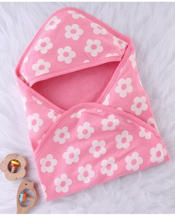Babyhug Terry Knit Hooded Towel With Floral Print L 76 x B 76 cm - Pink