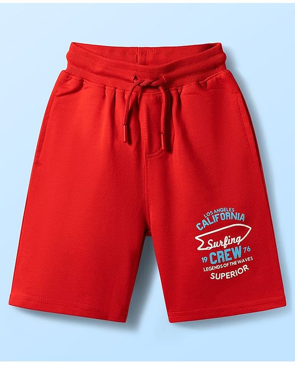 Pine Kids Looper Knit Half Sleeves Hooded T-Shirt & Shorts Set With Surfing Print - White & Red