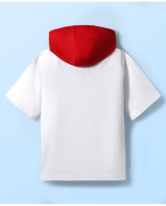 Pine Kids Looper Knit Half Sleeves Hooded T-Shirt & Shorts Set With Surfing Print - White & Red