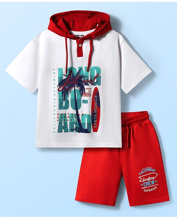 Pine Kids Looper Knit Half Sleeves Hooded T-Shirt & Shorts Set With Surfing Print - White & Red