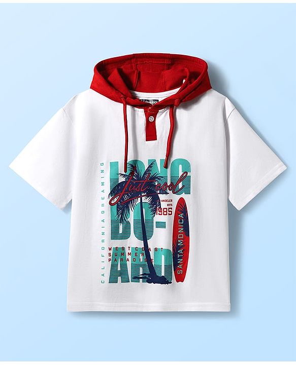 Pine Kids Looper Knit Half Sleeves Hooded T-Shirt & Shorts Set With Surfing Print - White & Red
