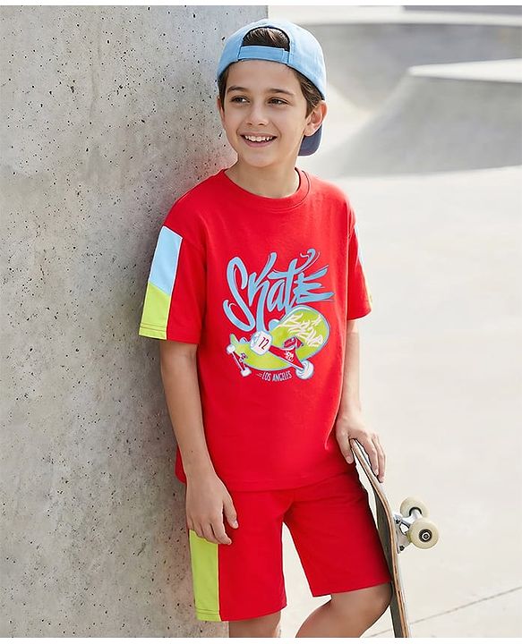 Pine Kids Looper Knit Half Sleeves T-Shirt & Shorts Set With Skateboarding Print - Red