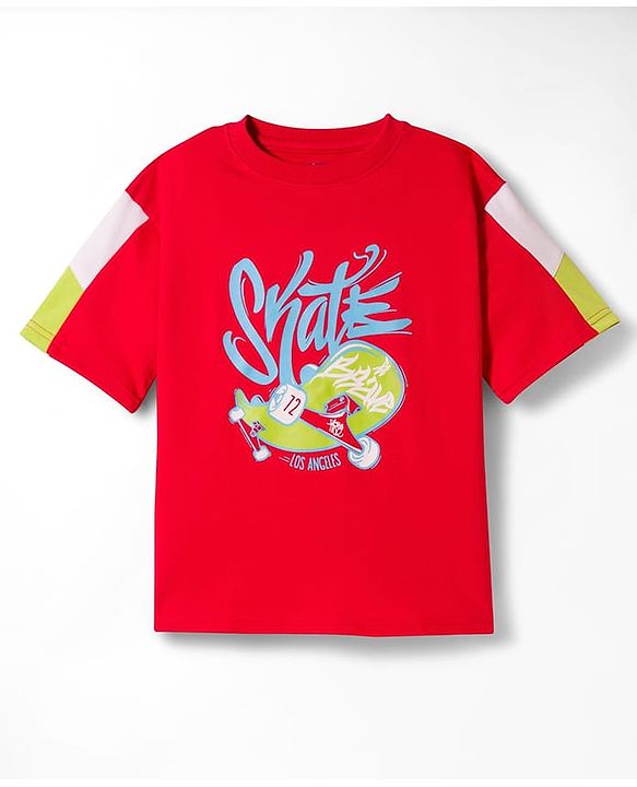 Pine Kids Looper Knit Half Sleeves T-Shirt & Shorts Set With Skateboarding Print - Red
