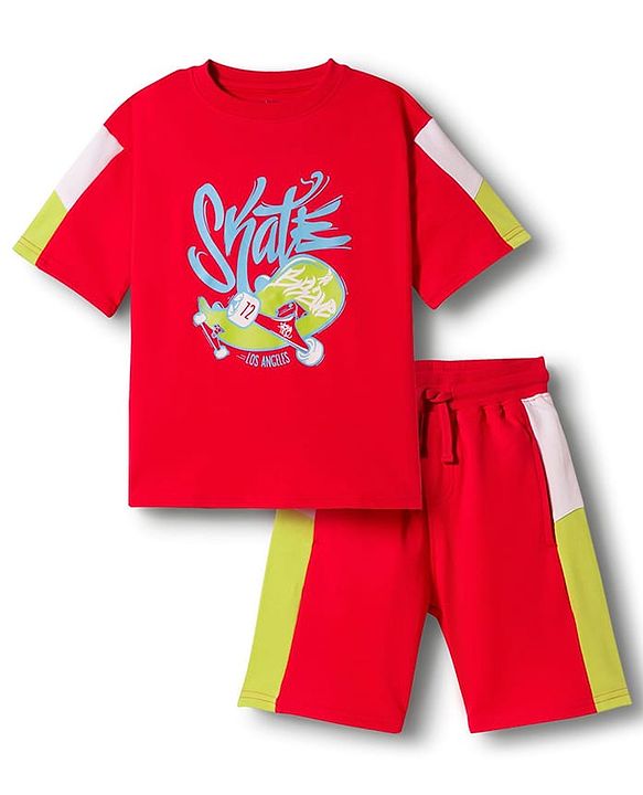 Pine Kids Looper Knit Half Sleeves T-Shirt & Shorts Set With Skateboarding Print - Red