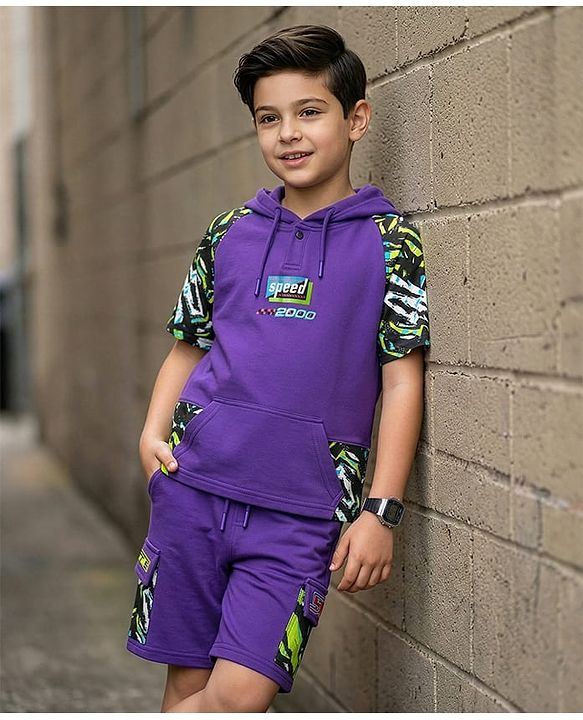 Pine Kids Looper Knit Half Raglan Sleeves Printed Hooded T-Shirt & Shorts Set - Purple