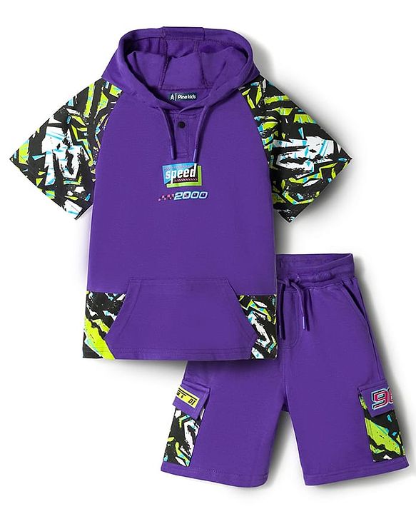 Pine Kids Looper Knit Half Raglan Sleeves Printed Hooded T-Shirt & Shorts Set - Purple