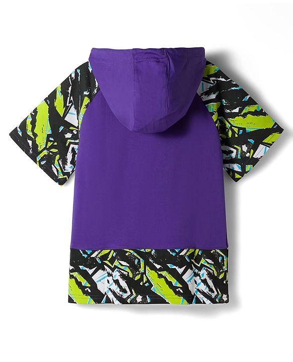 Pine Kids Looper Knit Half Raglan Sleeves Printed Hooded T-Shirt & Shorts Set - Purple