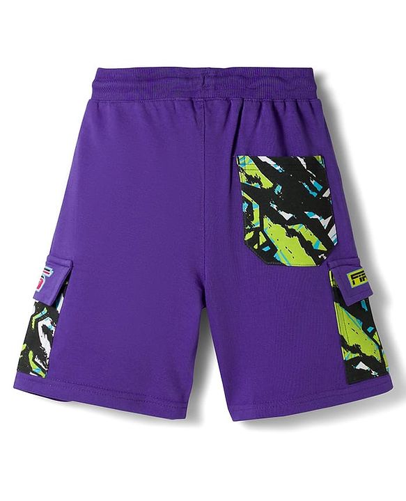 Pine Kids Looper Knit Half Raglan Sleeves Printed Hooded T-Shirt & Shorts Set - Purple