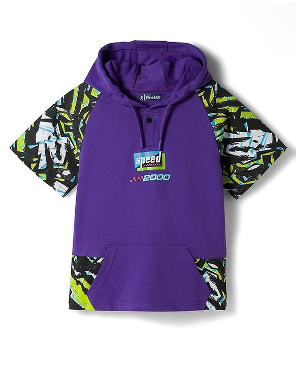 Pine Kids Looper Knit Half Raglan Sleeves Printed Hooded T-Shirt & Shorts Set - Purple