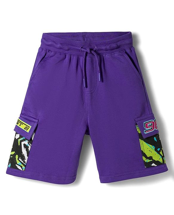 Pine Kids Looper Knit Half Raglan Sleeves Printed Hooded T-Shirt & Shorts Set - Purple