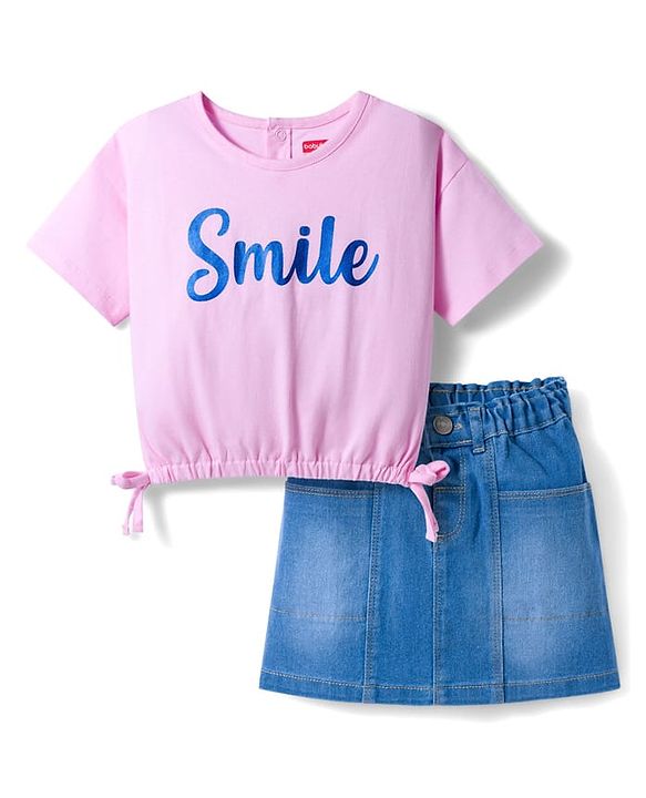 Babyhug Single Jersey Knit Half Sleeves Top & Denim Skirt Set With Smile Print - Pink & Blue