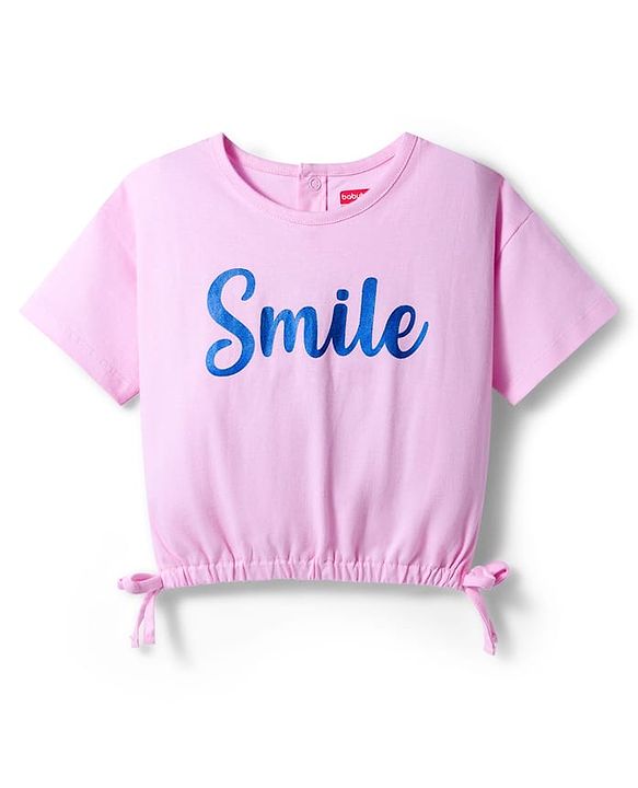 Babyhug Single Jersey Knit Half Sleeves Top & Denim Skirt Set With Smile Print - Pink & Blue