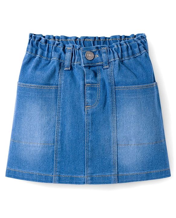 Babyhug Single Jersey Knit Half Sleeves Top & Denim Skirt Set With Smile Print - Pink & Blue