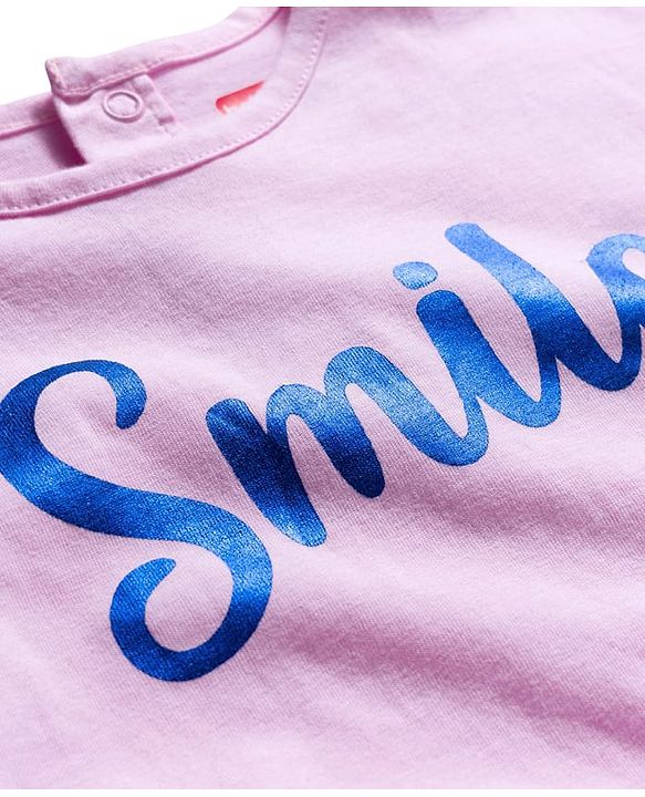 Babyhug Single Jersey Knit Half Sleeves Top & Denim Skirt Set With Smile Print - Pink & Blue