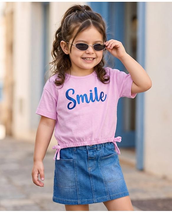 Babyhug Single Jersey Knit Half Sleeves Top & Denim Skirt Set With Smile Print - Pink & Blue