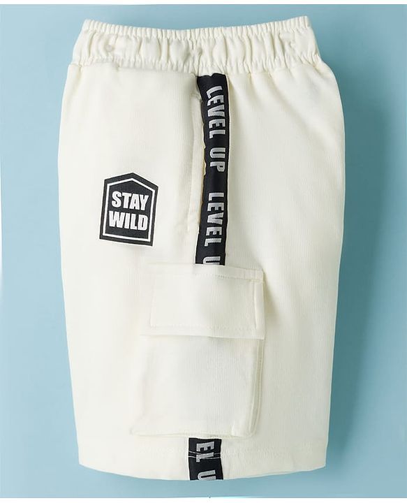 Pine Kids 100% Cotton Knit Full Length Text Printed Shorts With Cargo Pockets - White