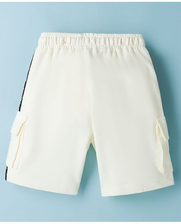Pine Kids 100% Cotton Knit Full Length Text Printed Shorts With Cargo Pockets - White