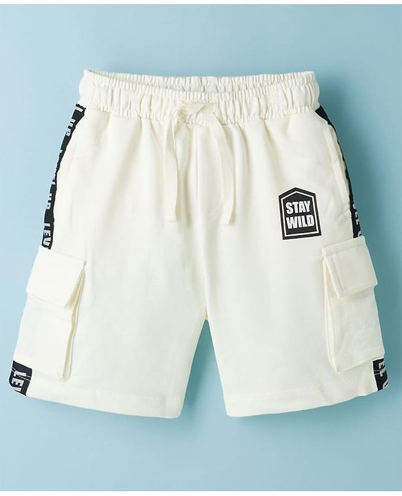 Pine Kids 100% Cotton Knit Full Length Text Printed Shorts With Cargo Pockets - White