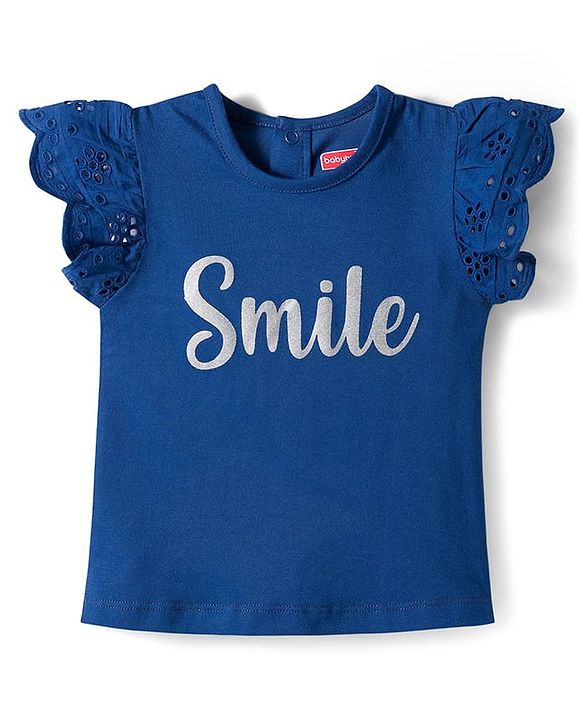 Babyhug Single Jersey Knit Frill Sleeves Top & Denim Jeans Set With Smile Print - Blue
