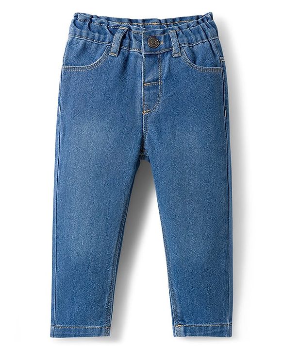 Babyhug Single Jersey Knit Frill Sleeves Top & Denim Jeans Set With Smile Print - Blue