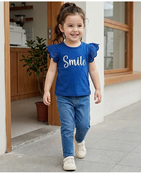 Babyhug Single Jersey Knit Frill Sleeves Top & Denim Jeans Set With Smile Print - Blue
