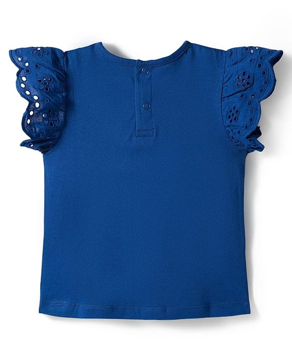 Babyhug Single Jersey Knit Frill Sleeves Top & Denim Jeans Set With Smile Print - Blue
