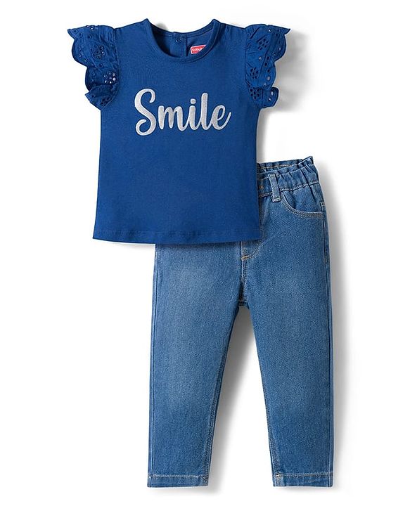 Babyhug Single Jersey Knit Frill Sleeves Top & Denim Jeans Set With Smile Print - Blue