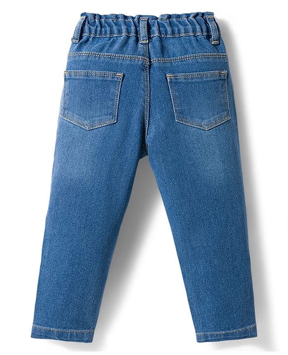 Babyhug Single Jersey Knit Frill Sleeves Top & Denim Jeans Set With Smile Print - Blue
