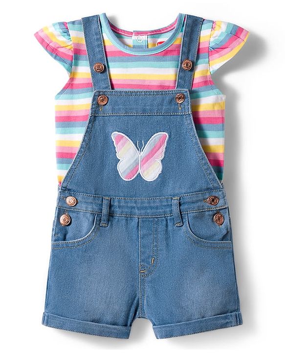 Babyhug Single Jersey Knit Frill Sleeves Striped T-Shirt & Dungaree with Butterfly Embroidery - Light Blue