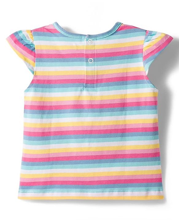 Babyhug Single Jersey Knit Frill Sleeves Striped T-Shirt & Dungaree with Butterfly Embroidery - Light Blue