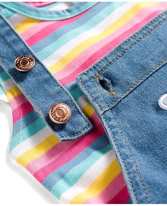 Babyhug Single Jersey Knit Frill Sleeves Striped T-Shirt & Dungaree with Butterfly Embroidery - Light Blue