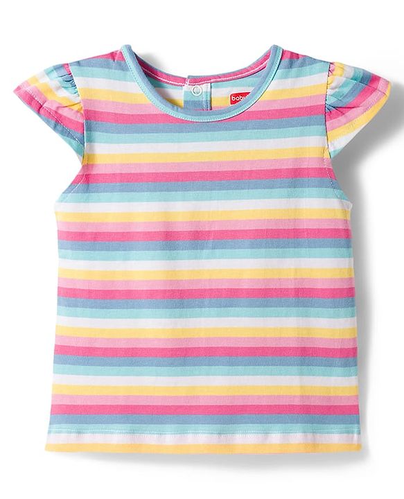 Babyhug Single Jersey Knit Frill Sleeves Striped T-Shirt & Dungaree with Butterfly Embroidery - Light Blue