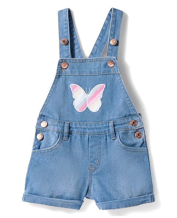 Babyhug Single Jersey Knit Frill Sleeves Striped T-Shirt & Dungaree with Butterfly Embroidery - Light Blue
