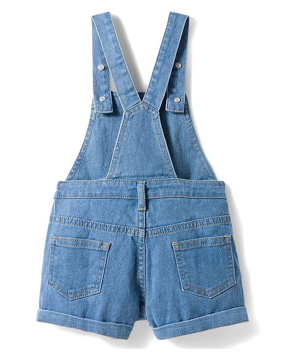 Babyhug Single Jersey Knit Frill Sleeves Striped T-Shirt & Dungaree with Butterfly Embroidery - Light Blue