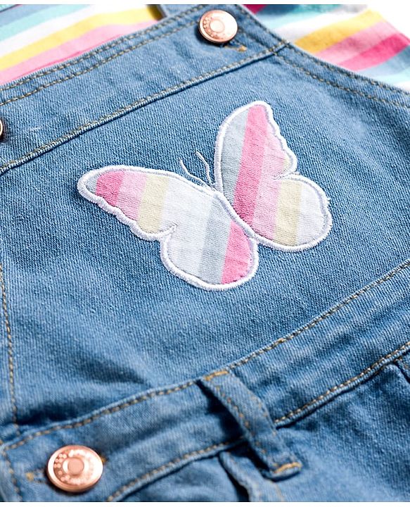 Babyhug Single Jersey Knit Frill Sleeves Striped T-Shirt & Dungaree with Butterfly Embroidery - Light Blue