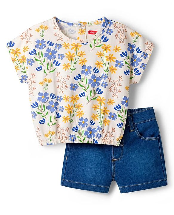 Babyhug Single Jersey Knit Half Sleeves Top & Denim Shorts Set With Floral Print - White & Blue