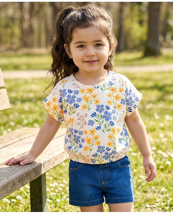 Babyhug Single Jersey Knit Half Sleeves Top & Denim Shorts Set With Floral Print - White & Blue