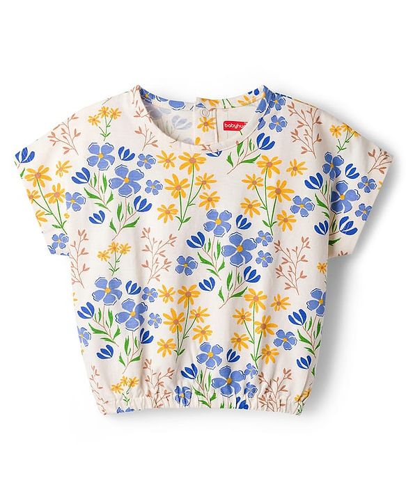Babyhug Single Jersey Knit Half Sleeves Top & Denim Shorts Set With Floral Print - White & Blue