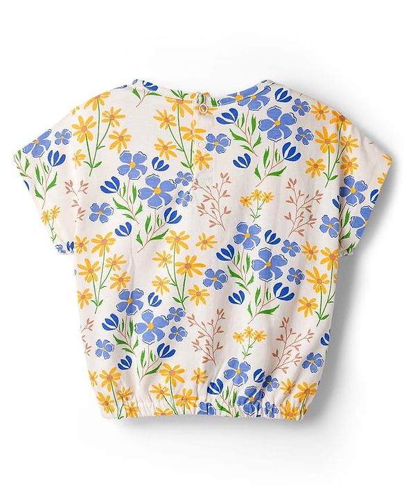 Babyhug Single Jersey Knit Half Sleeves Top & Denim Shorts Set With Floral Print - White & Blue