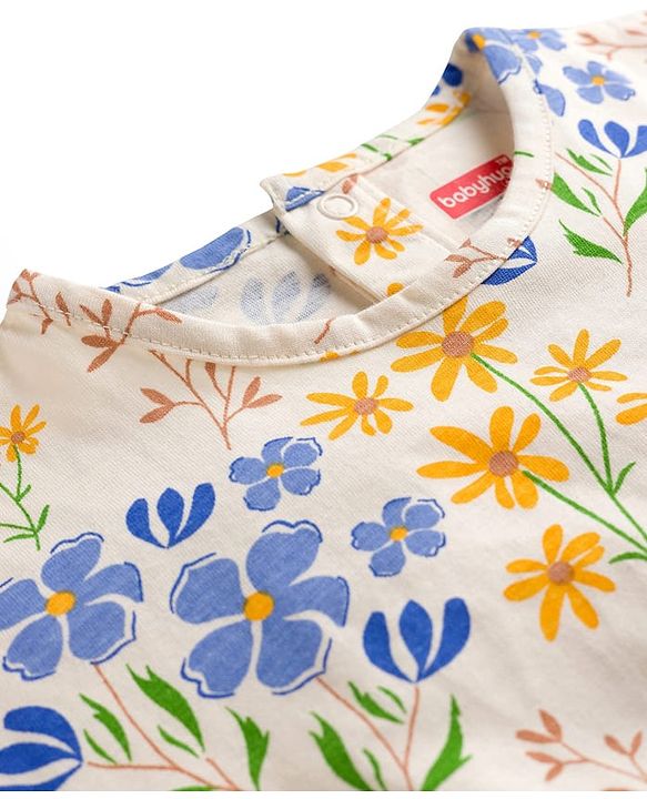 Babyhug Single Jersey Knit Half Sleeves Top & Denim Shorts Set With Floral Print - White & Blue