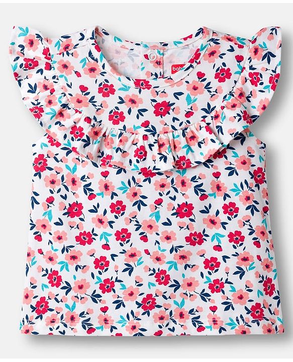 Babyhug Single Jersey Knit Frill Sleeves Top & Denim Skirt Set With Floral Print - White & Blue