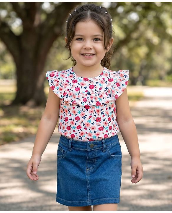 Babyhug Single Jersey Knit Frill Sleeves Top & Denim Skirt Set With Floral Print - White & Blue