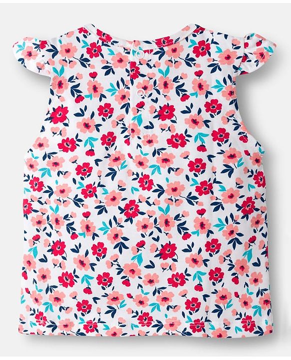 Babyhug Single Jersey Knit Frill Sleeves Top & Denim Skirt Set With Floral Print - White & Blue