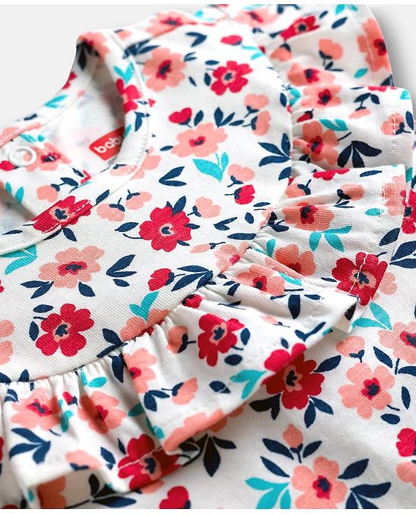 Babyhug Single Jersey Knit Frill Sleeves Top & Denim Skirt Set With Floral Print - White & Blue